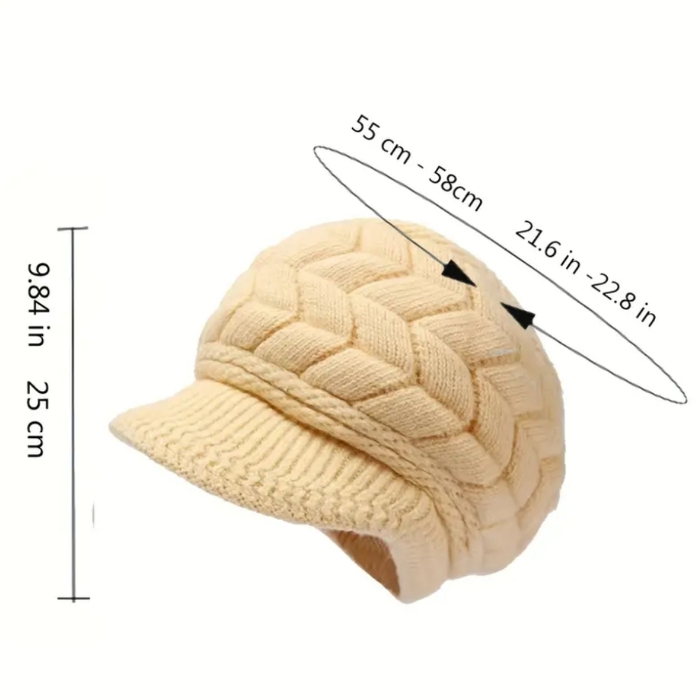 Winter Beanie With Brim, Solid Color Ribbed Knit Hat, Faux Fur Lining - Picture 9 of 9